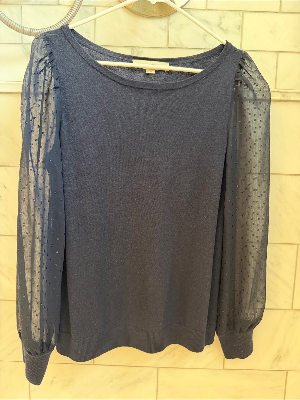 LOFT Navy Knit Top with Sheer Dot Puff Sleeves